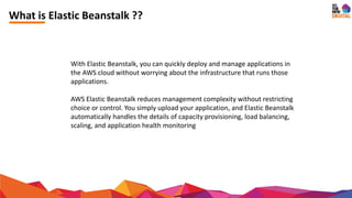 What is Elastic Beanstalk ??
With Elastic Beanstalk, you can quickly deploy and manage applications in
the AWS cloud without worrying about the infrastructure that runs those
applications.
AWS Elastic Beanstalk reduces management complexity without restricting
choice or control. You simply upload your application, and Elastic Beanstalk
automatically handles the details of capacity provisioning, load balancing,
scaling, and application health monitoring
 