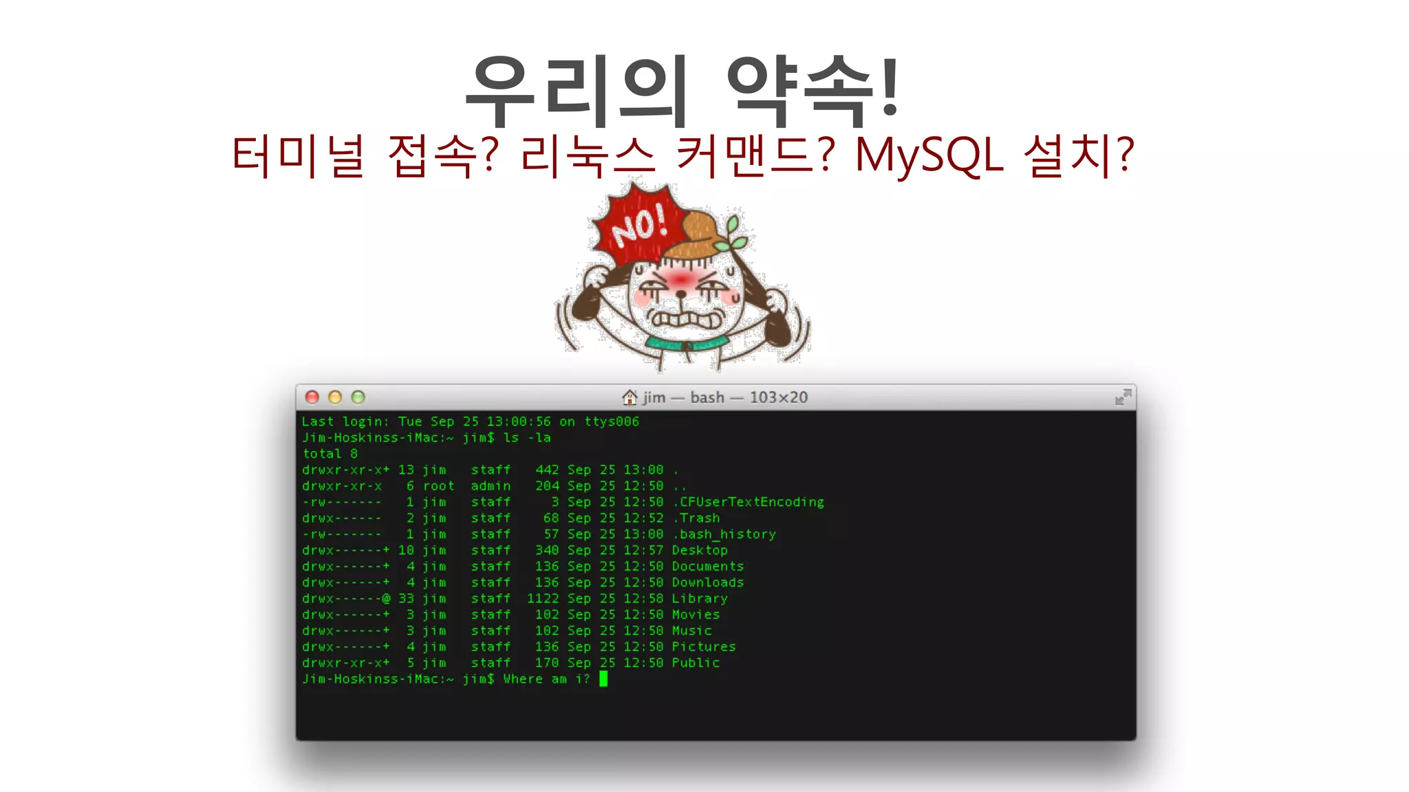 우리의 약속!
터미널 접속? 리눅스 커맨드? MySQL 설치?
 