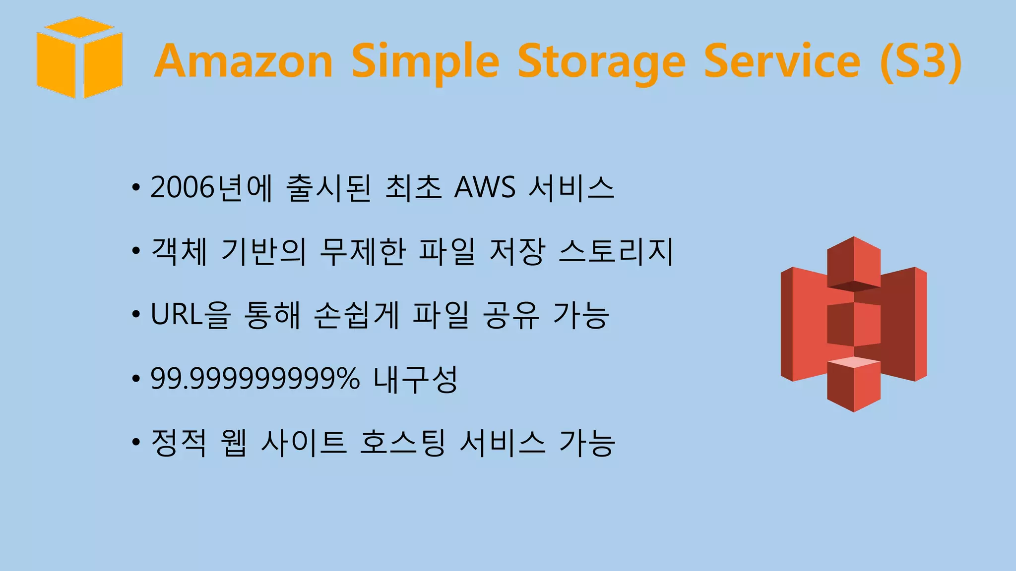 Amazon Simple Storage Service (S3)
•  2006년에 출시된 최초 AWS 서비스
•  객체 기반의 무제한 파일 저장 스토리지
•  URL을 통해 손쉽게 파일 공유 가능
•  99.999999999% 내구성
•  정적 웹 사이트 호스팅 서비스 가능
 