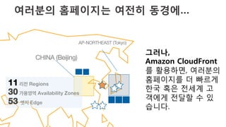 여러분의 홈페이지는 여전히 동경에… 
AP-NORTHEAST (Tokyo)
CHINA (Beijing)
11리전 Regions
30가용영역 Availability Zones
53 엣지 Edge
그러나, 
Amazon CloudFront
를 활용하면, 여러분의
홈페이지를 더 빠르게
한국 혹은 전세계 고
객에게 전달할 수 있
습니다.
 