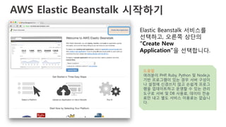 AWS Elastic Beanstalk 시작하기 
Elastic Beanstalk 서비스를
선택하고, 오른쪽 상단의
“Create New
Application”을 선택합니다.
도움말
여러분이 PHP, Ruby, Python 및 Node.js
기반 프로그램이 있는 경우 서버 구성이
나 설정에 신경쓰지 않고 손쉽게 프로그
램을 업데이트하고 운영할 수 있는 관리
도구로 서버 및 DB 사용료, 데이터 전송
료만 내고 별도 서비스 이용료는 없습니
다.
 