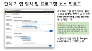 단계 2. 앱 형식 및 프로그램 소스 업로드
워드프레스를 운영하므로, 환경
설정에 PHP를 선택하고, 환경은
Load balancing, auto scaling
을 선택합니다.
애플리케이션 버전은 Sample
application을 선택합니다.
도움말
Single Instance는 웹 서버 1대만 띄우고,
Load balancing, auto scaling은 사용자트
래픽에 따라 서버를 자동으로 확장합니다.
기본 설정은 CPU 사용량에 따라 1대~4대
까지입니다.
 