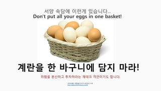 서양 속담에 이런게 있습니다...
Don't put all your eggs in one basket!
계란을 한 바구니에 담지 마라!
위험을 분산하고 투자하라는 재테크 격언이기도 합니다.
이미지출처: 계란을 한 바구니에 담지 마라
http://sabbunhi555.tistory.com/62
 