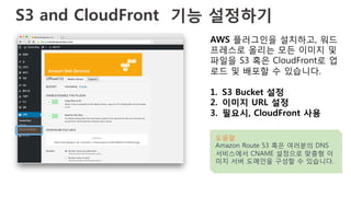 S3 and CloudFront 기능 설정하기
AWS 플러그인을 설치하고, 워드
프레스로 올리는 모든 이미지 및
파일을 S3 혹은 CloudFront로 업
로드 및 배포할 수 있습니다.
1.  S3 Bucket 설정 
2.  이미지 URL 설정 
3.  필요시, CloudFront 사용 
도움말
Amazon Route 53 혹은 여러분의 DNS
서비스에서 CNAME 설정으로 맞춤형 이
미지 서버 도메인을 구성할 수 있습니다.
 