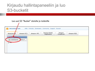 Kirjaudu hallintapaneeliin ja luo
S3-bucketit

  Luo uusi S3 ”Bucket” datalle ja tuloksille
 