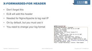 OpsStack · Operations-as-a-Service www.ChinaNetCloud.com Copyright © 2017 ChinaNetCloud
X-FORWARDED-FOR HEADER
• Don’t forget this
• ELB will add this header
• Needed for Nginx/Apache to log real IP
• On by default, but you must use it
• You need to change your log format
 