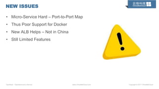 OpsStack · Operations-as-a-Service www.ChinaNetCloud.com Copyright © 2017 ChinaNetCloud
NEW ISSUES
• Micro-Service Hard – Port-to-Port Map
• Thus Poor Support for Docker
• New ALB Helps – Not in China
• Still Limited Features
 