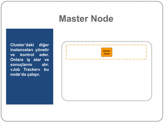 Master Node
Amazon EMR cluster

Cluster’daki diğer
instanceları yönetir
ve kontrol eder.
Onlara iş atar ve
sonuçlarını
alır.
«Job Tracker» bu
node’da çalışır.

Master instance group
Master
Node

Core instance group

 