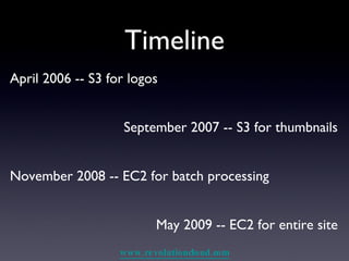 Timeline April 2006 -- S3 for logos September 2007 -- S3 for thumbnails November 2008 -- EC2 for batch processing May 2009 -- EC2 for entire site 