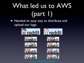 What led us to AWS (part 1) Needed an easy way to distribute and upload our logo 