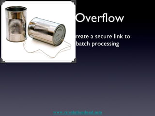 EC2 for Overflow Used openvpn to create a secure link to our datacenter for batch processing 