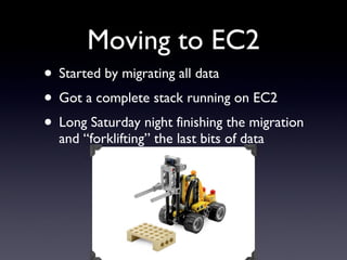 Moving to EC2 Started by migrating all data Got a complete stack running on EC2 Long Saturday night finishing the migration and “forklifting” the last bits of data 