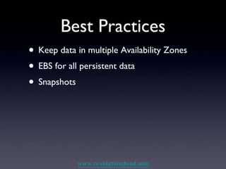 Best Practices Keep data in multiple Availability Zones EBS for all persistent data Snapshots 