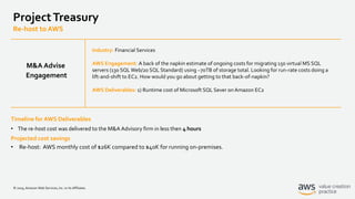 © 2019, Amazon Web Services, Inc. or its Affiliates.
ProjectTreasury
Re-host to AWS
Industry: Financial Services
AWS Engagement: A back of the napkin estimate of ongoing costs for migrating 150 virtual MS SQL
servers (130 SQLWeb/20 SQL Standard) using ~70TB of storage total. Looking for run-rate costs doing a
lift-and-shift to EC2. How would you go about getting to that back-of-napkin?
AWS Deliverables: 1) Runtime cost of Microsoft SQL Sever on Amazon EC2
Timeline for AWS Deliverables
• The re-host cost was delivered to the M&A Advisory firm in less then 4 hours
Projected cost savings
• Re-host: AWS monthly cost of $26K compared to $40K for running on-premises.
M&A Advise
Engagement
 