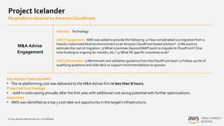 © 2019, Amazon Web Services, Inc. or its Affiliates.
Project Icelander
Re-platform Akamai to Amazon CloudFront
Industry: Technology
AWS Engagement: AWS was asked to provide the following: 1) How complicated is a migration from a
heavily customizedAkamai environment to an Amazon CloudFront based solution? 2)We want to
estimate the cost of migration. 3)What incentives (beyond MAP) exist to migrate to CloudFront? One-
time funding or ongoing for months, etc.? 4)What PE specific incentives exist?
AWS Deliverables: 1) Benchmark and validation guidance from the CloudFront team 2) Follow-up list of
qualifying questions and slide deck to support recommendations to sponsor.
Key ActionsTaken by AWS
• The re-platforming cost was delivered to the M&A Advise firm in less then 8 hours.
Projected Cost Savings
• ~$1M in costs saving annually after the first year with additional cost saving potential with further optimizations.
Outcomes
• AWS was identified as a top 3 cost take-out opportunity in the target’s infrastructure.
M&A Advise
Engagement
 