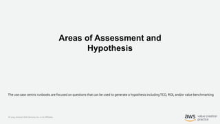 © 2019, Amazon Web Services, Inc. or its Affiliates.
Areas of Assessment and
Hypothesis
The use case centric runbooks are focused on questions that can be used to generate a hypothesis includingTCO, ROI, and/or value benchmarking
 