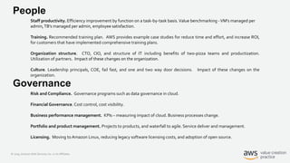 © 2019, Amazon Web Services, Inc. or its Affiliates.
People
Staff productivity. Efficiency improvement by function on a task-by-task basis.Value benchmarking -VM’s managed per
admin,TB’s managed per admin, employee satisfaction.
Training. Recommended training plan. AWS provides example case studies for reduce time and effort, and increase ROI,
for customers that have implemented comprehensive training plans.
Organization structure. CTO, CIO, and structure of IT including benefits of two-pizza teams and productization.
Utilization of partners.. Impact of these changes on the organization.
Culture. Leadership principals, COE, fail fast, and one and two way door decisions. Impact of these changes on the
organization.
Governance
Risk and Compliance. Governance programs such as data governance in cloud.
Financial Governance. Cost control, cost visibility.
Business performance management. KPIs – measuring impact of cloud. Business processes change.
Portfolio and product management. Projects to products, and waterfall to agile. Service deliver and management.
Licensing. Moving to Amazon Linux, reducing legacy software licensing costs, and adoption of open source.
 