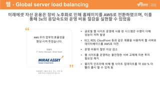 미래에셋 자산 운용은 장비 노후화로 인해 홈페이지를 AWS로 전환하였으며, 이를
통해 3x의 응답속도와 운영 비용 절감을 실현할 수 있었음
미래에셋 그룹은 중국, 인도, 미국 등
세계 최대 시장에 투자 합니다.
AWS 우리 업무의 효율성을
향상 시켜 주었습니다.
최용민
IT Senior Manager, Mirae Asset
”
“ • 글로벌 웹 사이트 운영에 사용 된 시스템은 수명이 다해
성능이 저하 발생
• EC2, RDS, CloudFront 등과 같은 제품을 사용하여 웹 서버와
데이터베이스를 AWS로 이전
• 운영 비용이 절반 이상 감소
• 웹 사이트를 운영하는 불안정한 서버 교체에 자본 투자
필요성 제거
• 물리적 인프라에 비해 웹 사이트 업데이트를 약 300 % 더
빨리 출시 할 수 있게 됨
웹 - Global server load balancing
 