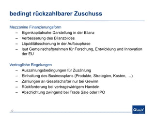 bedingt rückzahlbarer Zuschuss

Mezzanine Finanzierungsform
  – Eigenkapitalnahe Darstellung in der Bilanz
  – Verbesserung des Bilanzbildes
  – Liquiditätsschonung in der Aufbauphase
  – laut Gemeinschaftsrahmen für Forschung, Entwicklung und Innovation
     der EU

Vertragliche Regelungen
   – Auszahlungsbedingungen für Zuzählung
   – Einhaltung des Businessplans (Produkte, Strategien, Kosten, …)
   – Zahlungen an Gesellschafter nur bei Gewinn
   – Rückforderung bei vertragswidrigem Handeln
   – Abschichtung zwingend bei Trade Sale oder IPO



12
 