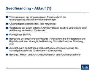 Seedfinancing - Ablauf (1)

     Vorevaluierung der eingegangenen Projekte durch die
     technologiespezifischen Investmentmanager
     Geschäftsplan überarbeiten, falls notwendig
     Vorstellung bei einem externen Advisory Board: positive Empfehlung oder
     Ablehnung, verbindlich für die aws.
     Fondsgeber BMWFJ
     Betreuung der empfohlenen Projekte (Hilfestellung bei Förderstellen und
     Kapitalinvestoren, strategische Beratung, Vermittlerfunktion, Coaching,
     etc.)
     Auszahlung in Teilbeträgen nach nachgewiesenem Abschluss des
     vorherigen Abschnitts (Meilenstein – Checkpoints)
     Berichts-, Melde- und Auskunftspflichten für den Förderungsnehmer




13
 