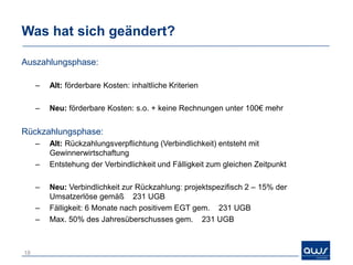 Was hat sich geändert?

Auszahlungsphase:

     –   Alt: förderbare Kosten: inhaltliche Kriterien

     –   Neu: förderbare Kosten: s.o. + keine Rechnungen unter 100€ mehr


Rückzahlungsphase:
     –   Alt: Rückzahlungsverpflichtung (Verbindlichkeit) entsteht mit
         Gewinnerwirtschaftung
     –   Entstehung der Verbindlichkeit und Fälligkeit zum gleichen Zeitpunkt

     –   Neu: Verbindlichkeit zur Rückzahlung: projektspezifisch 2 – 15% der
         Umsatzerlöse gemäß 231 UGB
     –   Fälligkeit: 6 Monate nach positivem EGT gem. 231 UGB
     –   Max. 50% des Jahresüberschusses gem. 231 UGB



18
 