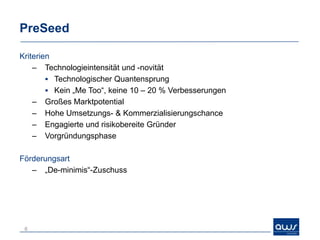 PreSeed

Kriterien
    – Technologieintensität und -novität
         Technologischer Quantensprung
         Kein „Me Too“, keine 10 – 20 % Verbesserungen
    – Großes Marktpotential
    – Hohe Umsetzungs- & Kommerzialisierungschance
    – Engagierte und risikobereite Gründer
    – Vorgründungsphase

Förderungsart
   – „De-minimis“-Zuschuss




 6
 