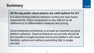 All the big public cloud players are valid options for IoT.
It is about finding balance between current and near future
re...