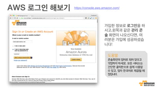 AWS 로그인 해보기
가입한 정보로 로그인을 하
시고,왼쪽과 같은 관리 콘
솔 화면이 나오신다면, 여
러분은 가입에 성공하셨습
니다!
도움말
콘솔화면이 영어로 되어 있다고
걱정하지 마세요. 모든 서비스는
간단한 클릭만으로 쉽게 사용할
수 있고, 점차 한국어로 제공될 예
정입니다.
https://console.aws.amazon.com/
 
