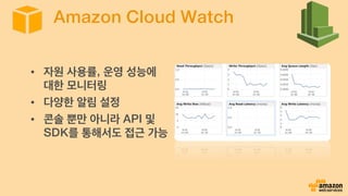 Amazon Cloud Watch
•  자원 사용률, 운영 성능에
대한 모니터링
•  다양한 알림 설정
•  콘솔 뿐만 아니라 API 및
SDK를 통해서도 접근 가능
 