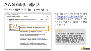 AWS 스터디 패키지
⑤ AWS 1개월 비지니스 기술 지원 프로그램 가입
메일 내용 중에 AWS Support 항목
의 Support Enrollment를 눌러 가
입 양식을 작성하시면, 100달러 상당
의 1개월 무료 기술 지원을 제공 받을
수 있습니다.
도움말
AWS 비지니스 기술 지원 프로그램은 문제
발생 시, 콘솔의 고객 센터 문의를 하면 1 시
간 내로 전화/채팅/이메일 등으로 연락을
해주는 서비스입니다. 한국어 기술 지원 담당
도 있으니 참고하셔서 이용하십시오.
 