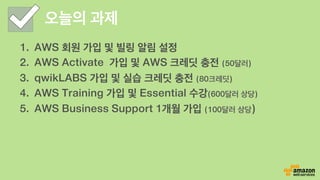 오늘의 과제
1.  AWS 회원 가입 및 빌링 알림 설정
2.  AWS Activate 가입 및 AWS 크레딧 충전 (50달러)
3.  qwikLABS 가입 및 실습 크레딧 충전 (80크레딧)
4.  AWS Training 가입 및 Essential 수강(600달러 상당)
5.  AWS Business Support 1개월 가입 (100달러 상당)
 