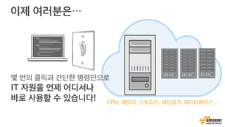 이제 여러분은…
CPU, 메모리, 스토리지, 네트워크, 데이터베이스...
몇 번의 클릭과 간단한 명령만으로
IT 자원을 언제 어디서나
바로 사용할 수 있습니다!
 