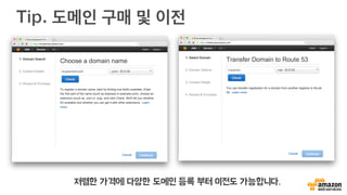 단계 1. 기존 도메인 이전
“Create Hosted Zone”을 선택
한 후, 관리를 위한 도메인 명을 입
력하고 “Create”를 선택합니다.
Public Hosted Zone을 선택하면 공개된
도메인명을 Private을 선택하면 사설망 내에
서 사용 가능합니다.
도움말
기존 도메인명을 옮겨오시기 위해서는
Hosted Zone을 생성하고, 모든 도메인명
레코드를 입력한 후, 등록 업체에서 네임 서
버를 변경하시면 바로 적용됩니다. 외부 서
버에 있는 경우도 가능합니다.
 