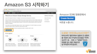 Amazon S3 시작하기
Amazon S3에 첫화면에서
버튼을 누릅니다.
도움말: 버킷(Bucket)이란?
아이스버킷 챌런지에서 얼음이 든 양동이
를 뒤집어 쓰던 IT업계 CEO들을 기억하
십니까? 네… 바로 그 “양동이”입니다.
파일을 담는 폴더 개념으로
옆 아이콘이 버킷입니다.
 
