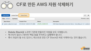 CF로 만든 AWS 자원 삭제하기
•  Delete Stack을 누르면 기존에 만들어진 자원을 모두 삭제합니다.
•  복구되지 않으니 데이터 백업 등을 주의하고 실행해야 합니다.
•  혹시 과금이 될 수도 있으니, 테스트로 만든 CF Stack은 바로 삭제하시는 것이 좋습니다.
 