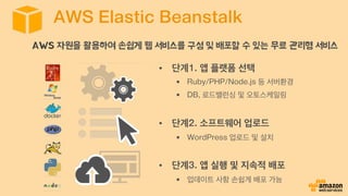 AWS Elastic Beanstalk
•  단계1. 앱 플랫폼 선택
§  Ruby/PHP/Node.js 등 서버환경
§  DB, 로드밸런싱 및 오토스케일링
•  단계2. 소프트웨어 업로드
§  WordPress 업로드 및 설치
•  단계3. 앱 실행 및 지속적 배포
§  업데이트 사항 손쉽게 배포 가능
AWS 자원을 활용하여 손쉽게 웹 서비스를 구성 및 배포할 수 있는 무료 관리형 서비스
 