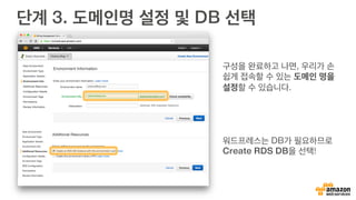 단계 3. 도메인명 설정 및 DB 선택
구성을 완료하고 나면, 우리가 손
쉽게 접속할 수 있는 도메인 명을
설정할 수 있습니다.
워드프레스는 DB가 필요하므로
Create RDS DB을 선택!
 