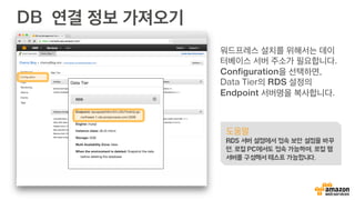 DB 연결 정보 가져오기
워드프레스 설치를 위해서는 데이
터베이스 서버 주소가 필요합니다.
Configuration을 선택하면,
Data Tier의 RDS 설정의
Endpoint 서버명을 복사합니다.
도움말
RDS 서버 설정에서 접속 보안 설정을 바꾸
면, 로컬 PC에서도 접속 가능하며, 로컬 웹
서버를 구성해서 테스트 가능합니다.
 