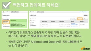 S3 and CloudFront 기능 설정하기
AWS 플러그인을 설치하고, 워드프
레스로 올리는 모든 이미지 및 파일
을 S3 혹은 CloudFront로 업로드
및 배포할 수 있습니다.
1.  S3 Bucket 설정
2.  이미지 URL 설정
3.  필요시, CloudFront 사용
도움말
Amazon Route 53 혹은 여러분의 DNS 서
비스에서 CNAME 설정으로 맞춤형 이미지 서
버 도메인을 구성할 수 있습니다.
 