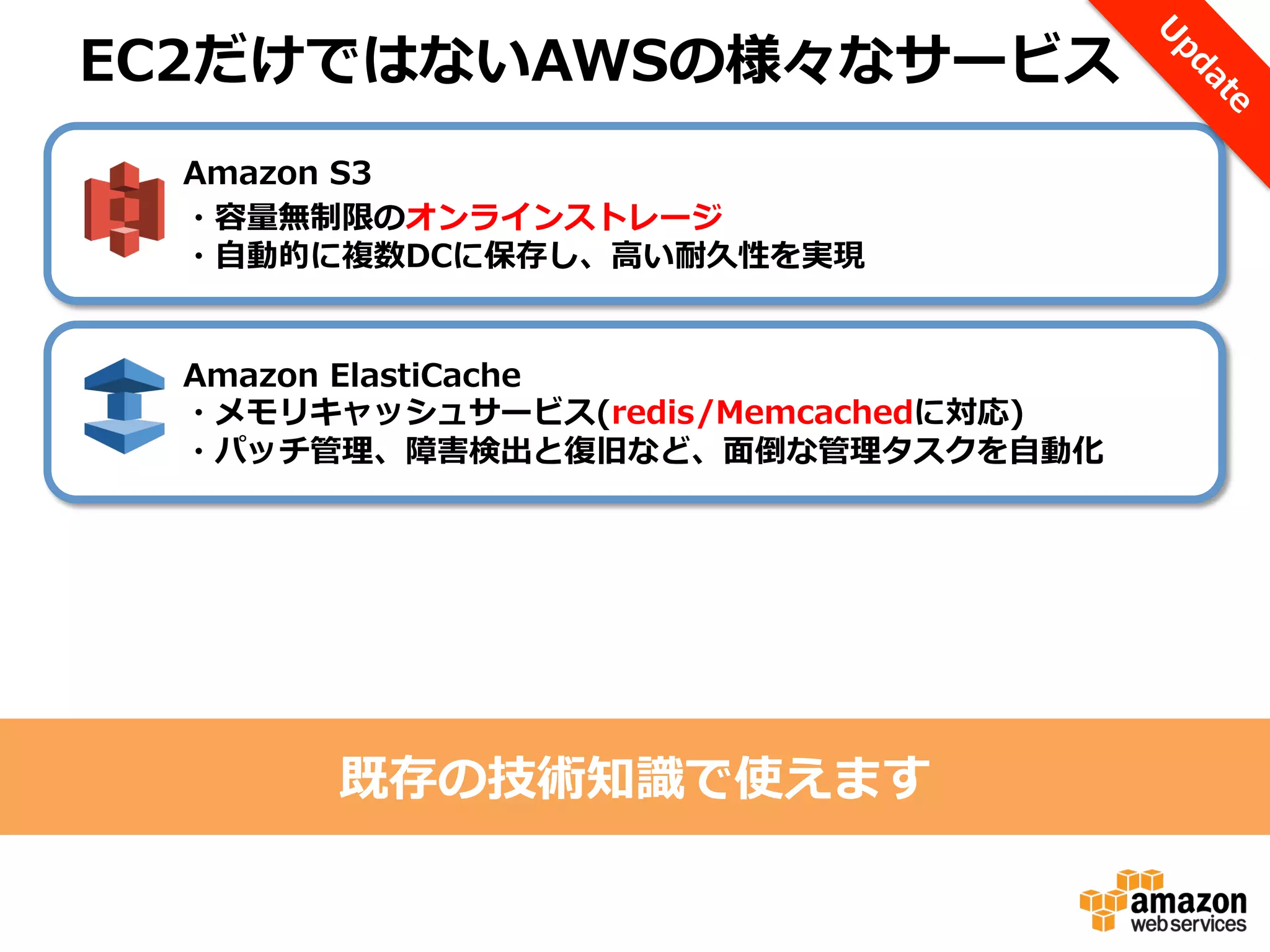 EC2だけではないAWSの様々なサービス
Amazon  S3
1
・容量量無制限のオンラインストレージ
・⾃自動的に複数DCに保存し、⾼高い耐久性を実現
Amazon  ElastiCache
・メモリキャッシュサービス(redis/Memcachedに対応)
1
・パッチ管理理、障害検出と復復旧など、⾯面倒な管理理タスクを⾃自動化

既存の技術知識識で使えます

 