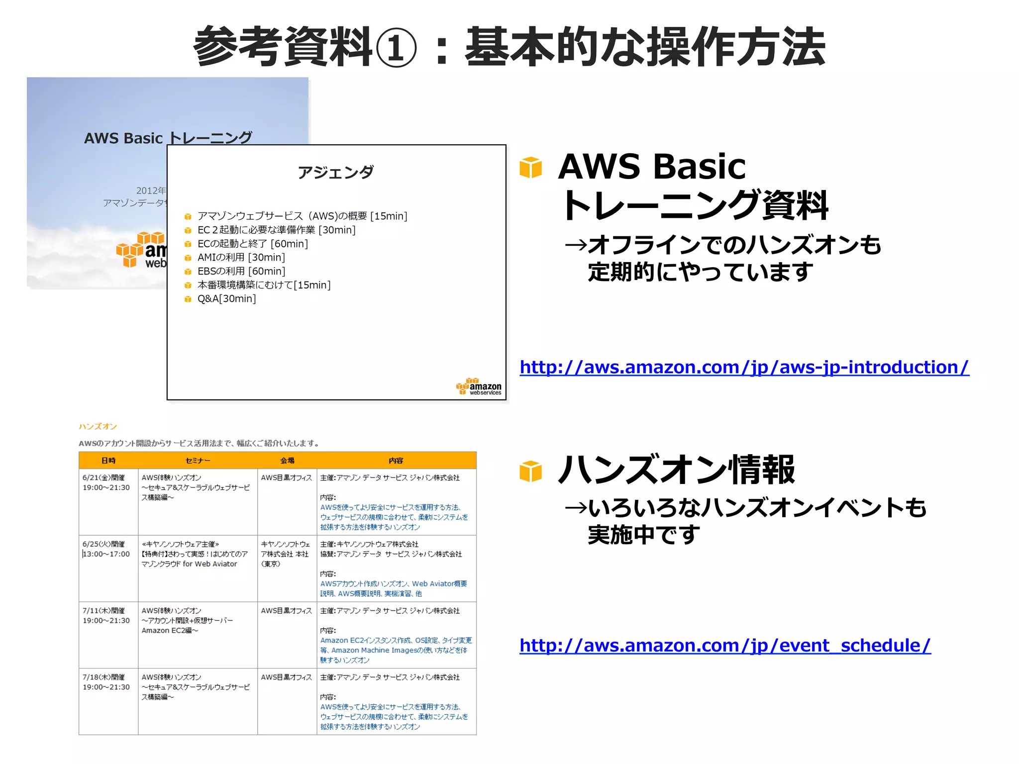 参考資料料①：基本的な操作⽅方法
!   AWS  Basic
トレーニング資料料

 　 　→オフラインでのハンズオンも
 　 　 　定期的にやっています

http://aws.amazon.com/jp/aws-‐‑‒jp-‐‑‒introduction/

!   ハンズオン情報

 　 　→いろいろなハンズオンイベントも
 　 　 　実施中です

http://aws.amazon.com/jp/event_̲schedule/

 