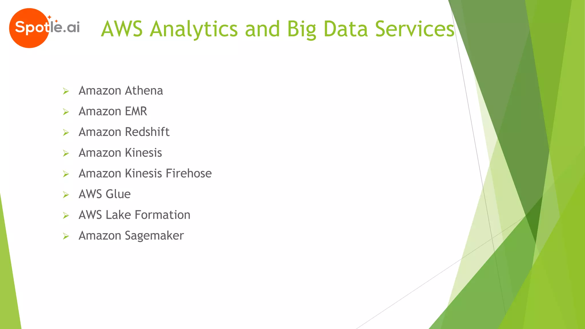 AWS Analytics and Big Data Services
➢ Amazon Athena
➢ Amazon EMR
➢ Amazon Redshift
➢ Amazon Kinesis
➢ Amazon Kinesis Firehose
➢ AWS Glue
➢ AWS Lake Formation
➢ Amazon Sagemaker
 