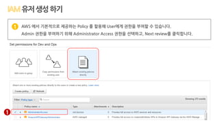AWS 에서 기본적으로 제공하는 Policy 를 할용해 User에게 권한을 부여할 수 있습니다.
Admin 권한을 부여하기 위해 Administrator Access 권한을 선택하고, Next review를 클릭합니다.
1
1
유저생성하기
 