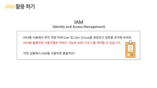 활용하기
IAM
(Identity and Access Management)
IAM을 사용해서 루트 계정 아래 User 및 User Group을 생성하고 권한을 관리해 보세요.
IAM을 활용하면 사용자별로 액세스 가능한 AWS 리소스를 제어할 수 있습니다.
어떤 상황에서 IAM을 사용하면 좋을까요?
 