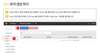 IAM 서비스 화면 좌측에 있는 탭에서 “Users”를 클릭하면 User 관리 페이지로 이동합니다.
User 관리 페이지에서 신규 User를 생성하기 위해 “Add User” 버튼을 클릭합니다.
1
2
1
2
유저생성하기
 