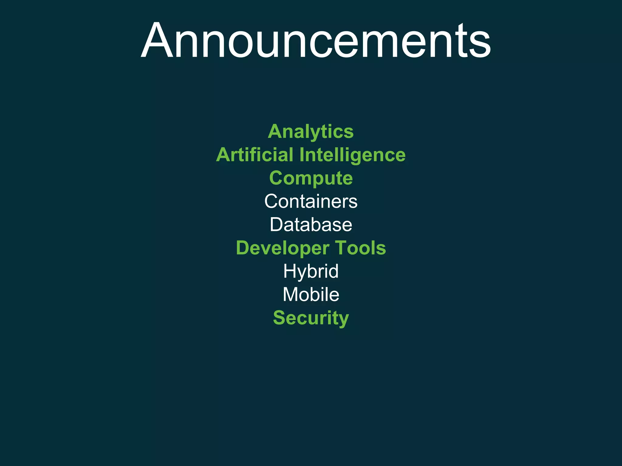 Announcements
Analytics
Artificial Intelligence
Compute
Containers
Database
Developer Tools
Hybrid
Mobile
Security
 