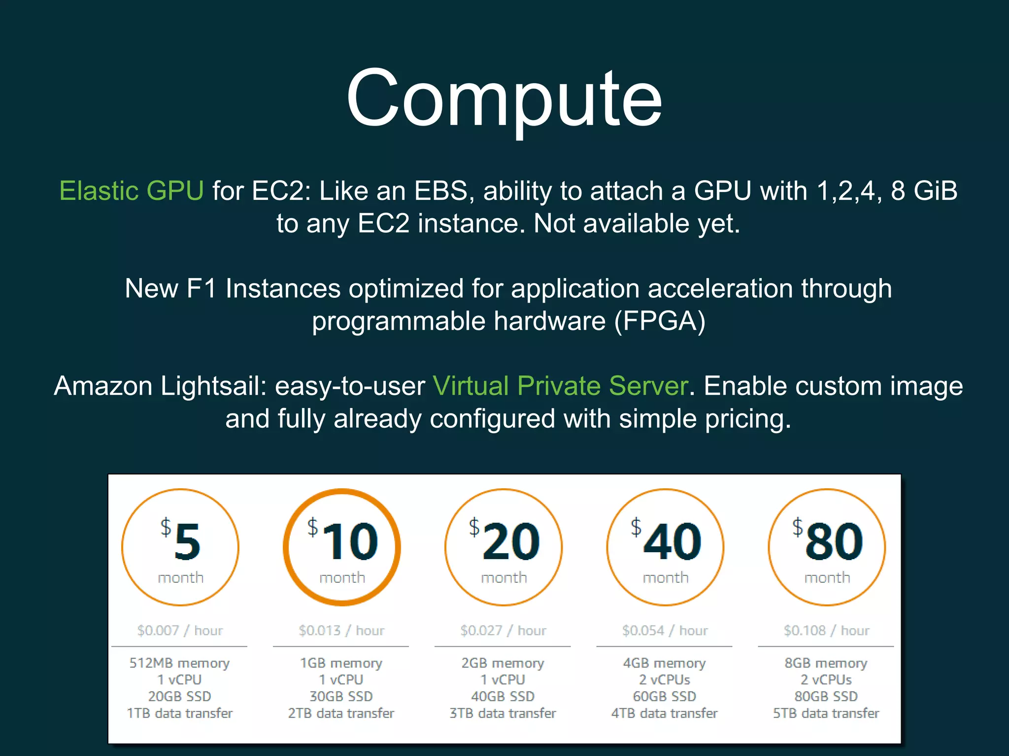 Compute
Elastic GPU for EC2: Like an EBS, ability to attach a GPU with 1,2,4, 8 GiB
to any EC2 instance. Not available yet.
New F1 Instances optimized for application acceleration through
programmable hardware (FPGA)
Amazon Lightsail: easy-to-user Virtual Private Server. Enable custom image
and fully already configured with simple pricing.
 