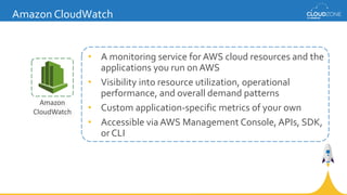 • A monitoring service for AWS cloud resources and the
applications you run on AWS
• Visibility into resource utilization,...