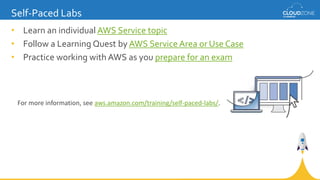 • Learn an individual AWS Service topic
• Follow a Learning Quest by AWS Service Area or Use Case
• Practice working with ...