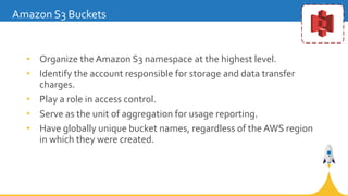 • Organize the Amazon S3 namespace at the highest level.
• Identify the account responsible for storage and data transfer
...
